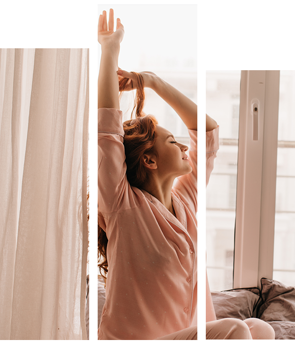 imagem de uma jovem moça se espreguiçando na cama enquanto sorri.