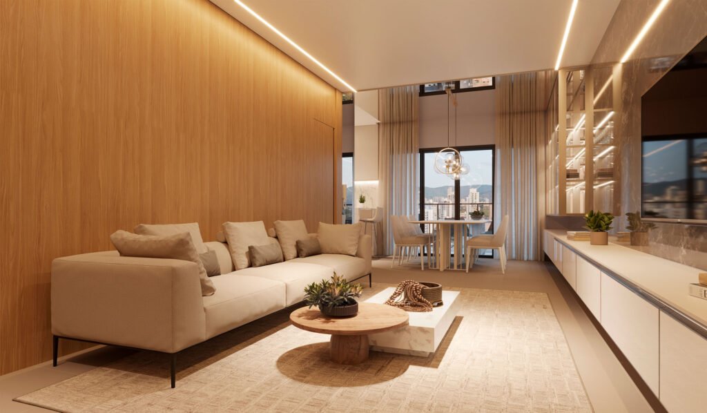 Living espaçoso do Residencial Belize, da Itapuí Incorporadora: ambiente contemporâneo em tons neutros, detalhes em madeira clara, grandes janelas que trazem luminosidade abundante e vista para áreas de convivência, projetado para unir elegância, conforto e integração social.