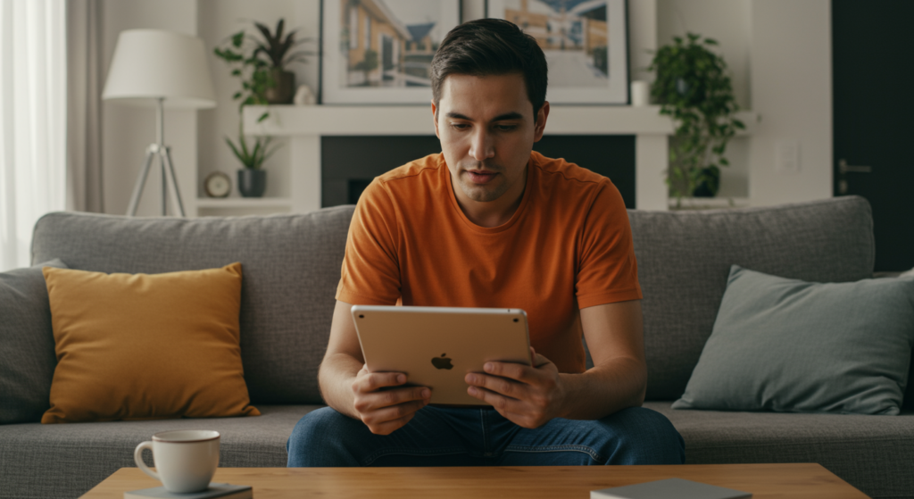 Homem de cerca de 35 anos, vestindo camiseta laranja, sentado em um sofá moderno enquanto utiliza um iPad para realizar uma pesquisa, representando o perfil conectado e exigente do público de imóveis de alto padrão.